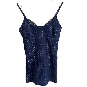 American Eagle Womens Lace Trim Y2K Cami Tank Top Size S Navy Preppy Polka Dot